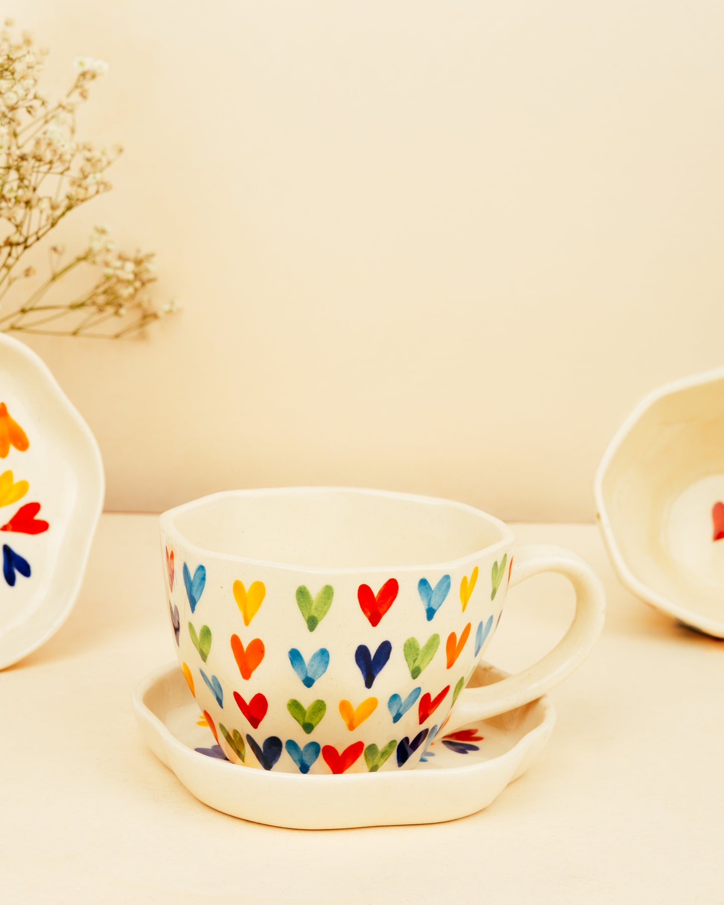 Rainbow Hand Painted Hearts Mug And Saucer