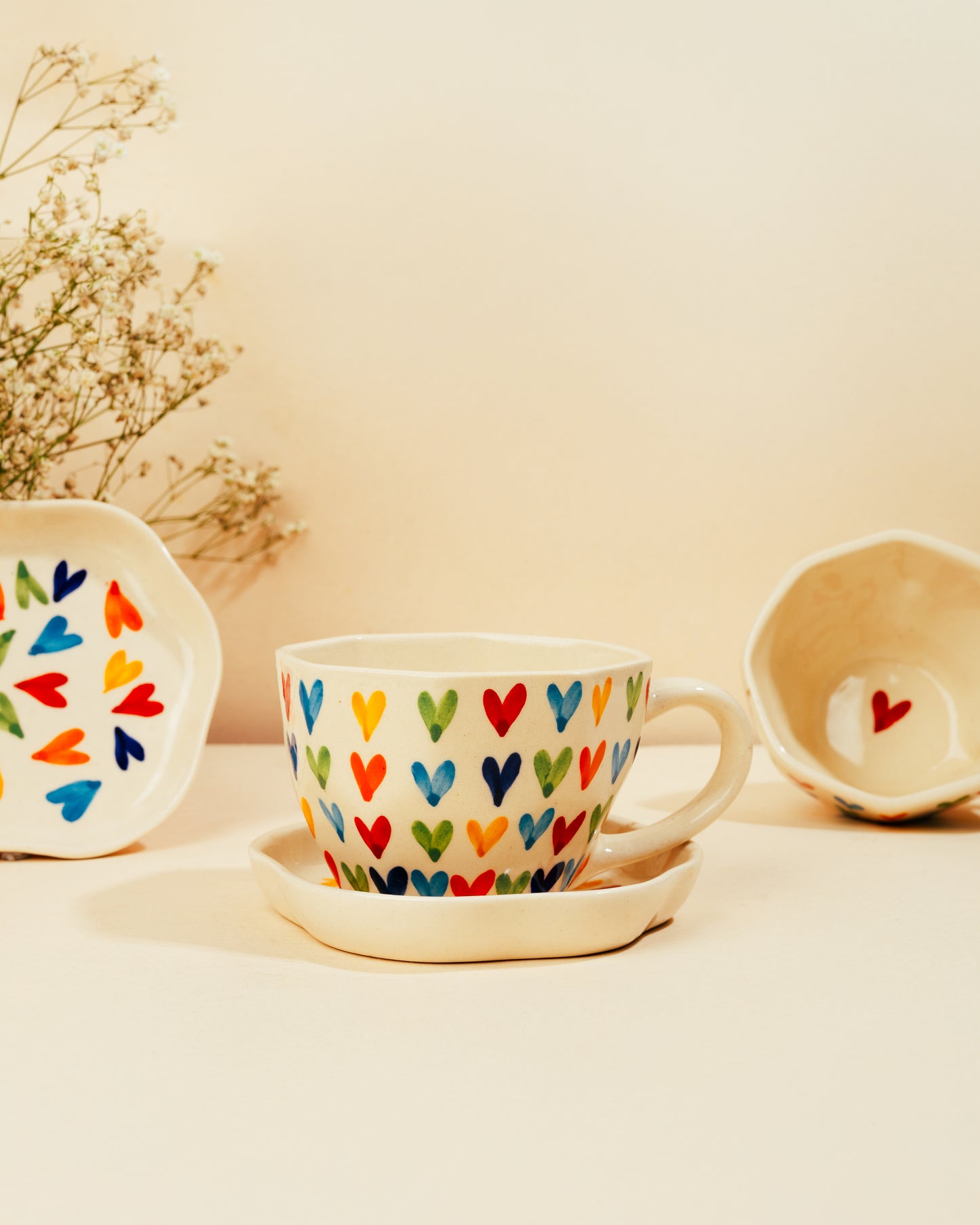 Rainbow Hand Painted Hearts Mug And Saucer