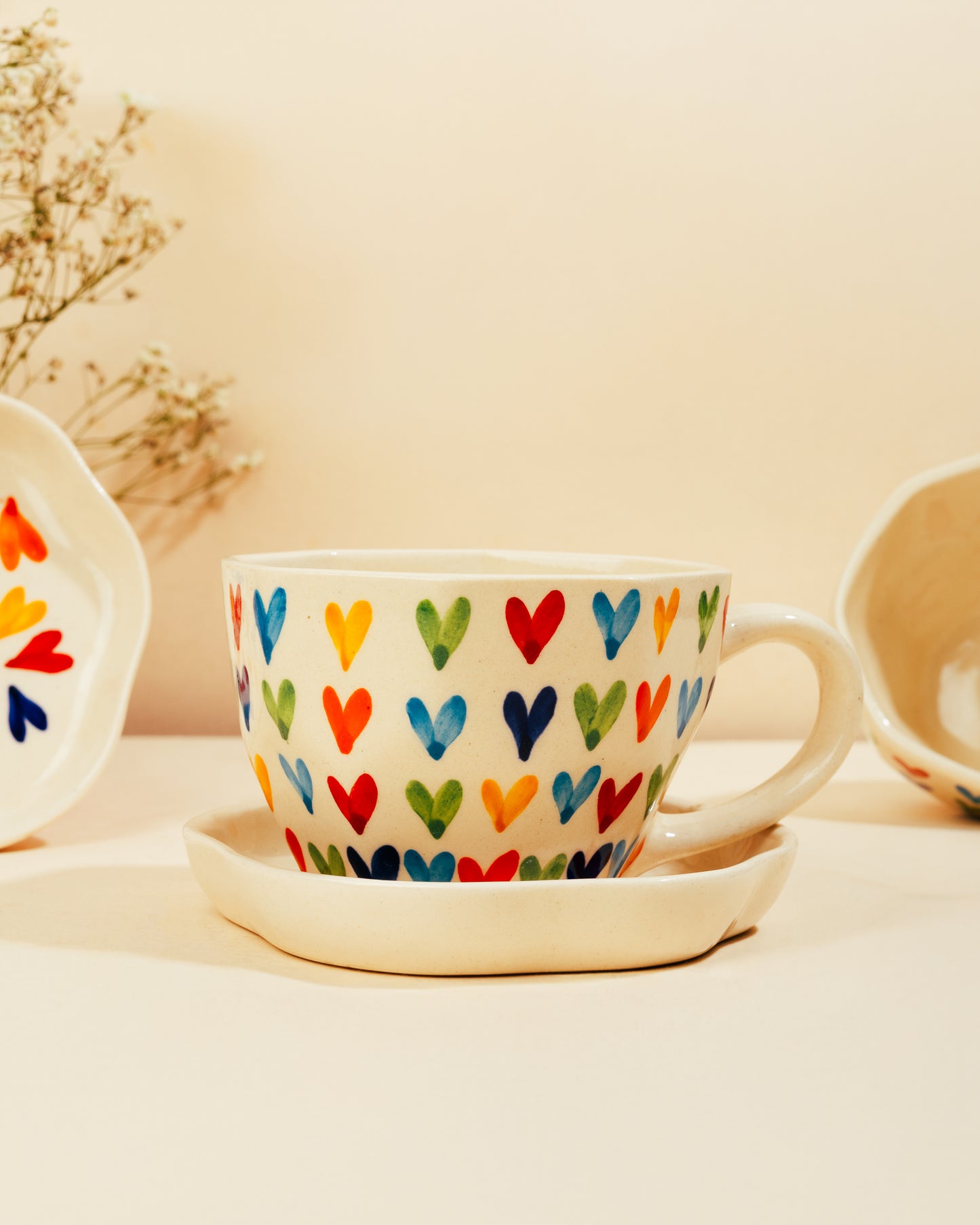 Rainbow Hand Painted Hearts Mug And Saucer