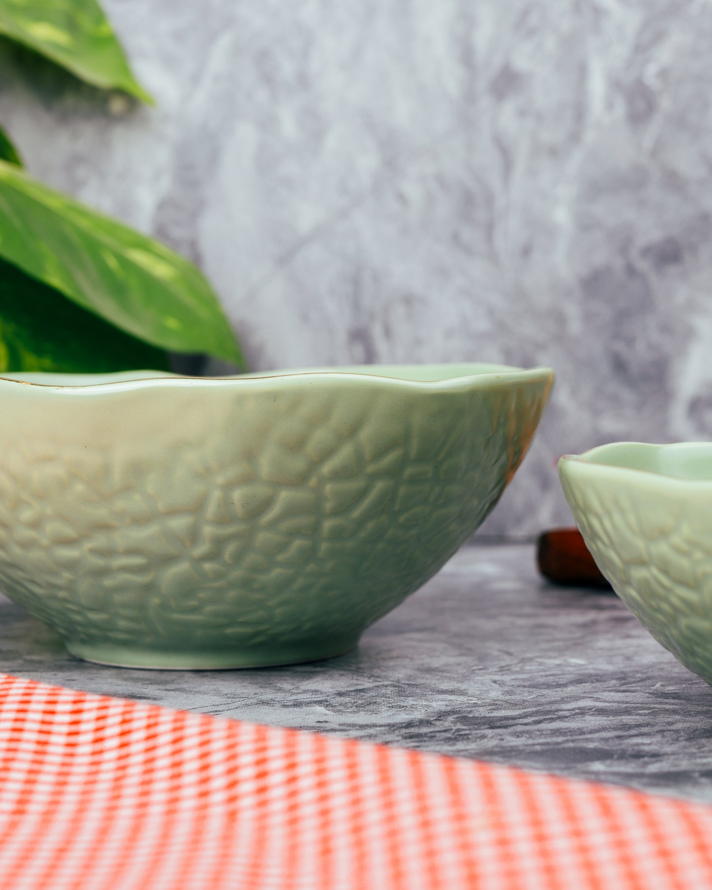 Earthen Green Textured Serving Bowls with Gold Rim