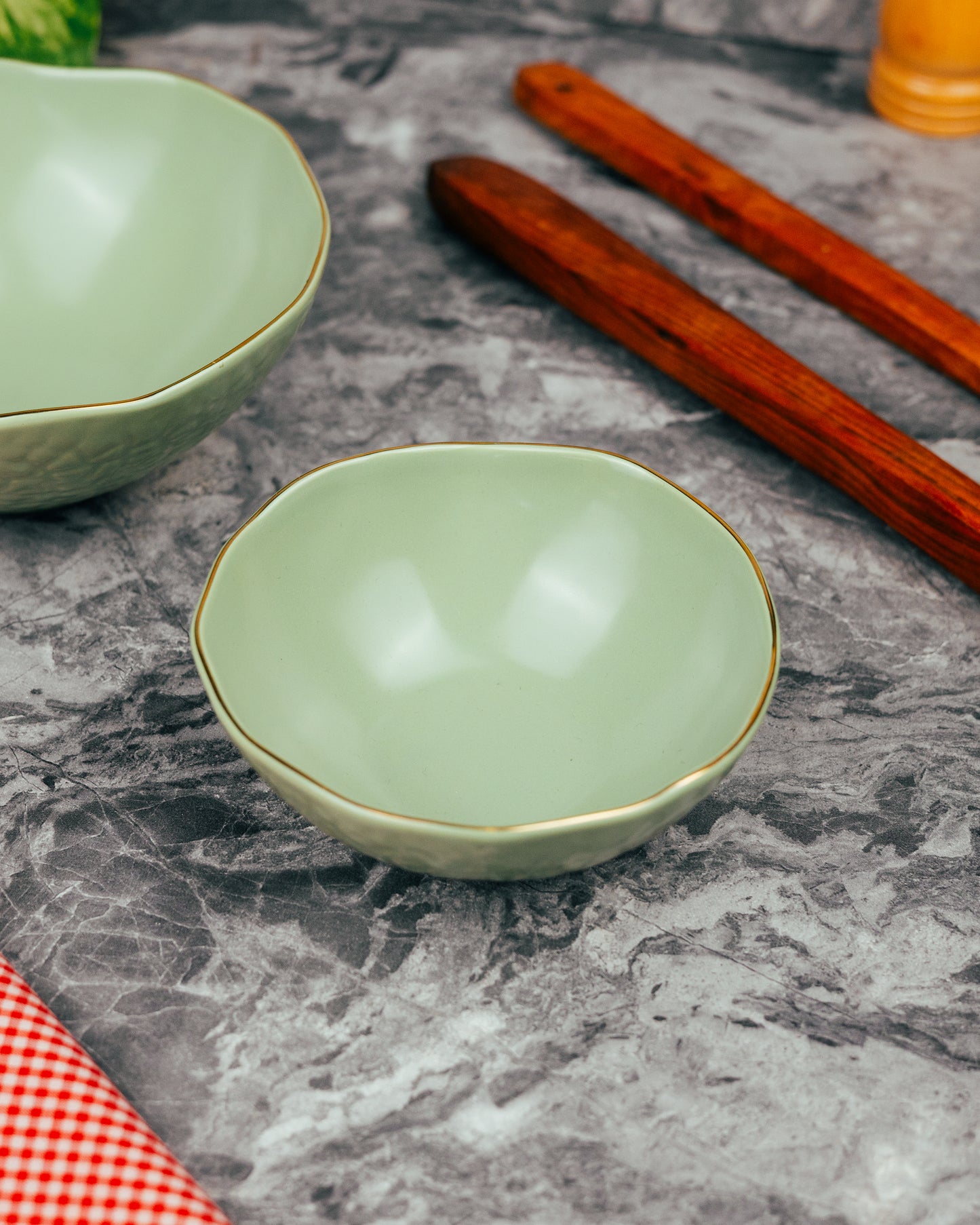 Earthen Green Textured Serving Bowls with Gold Rim