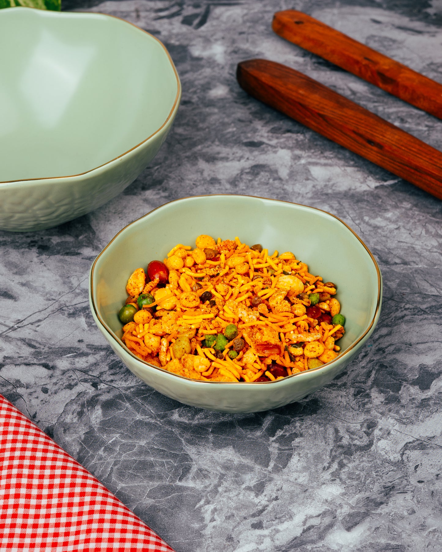 Earthen Green Textured Serving Bowls with Gold Rim