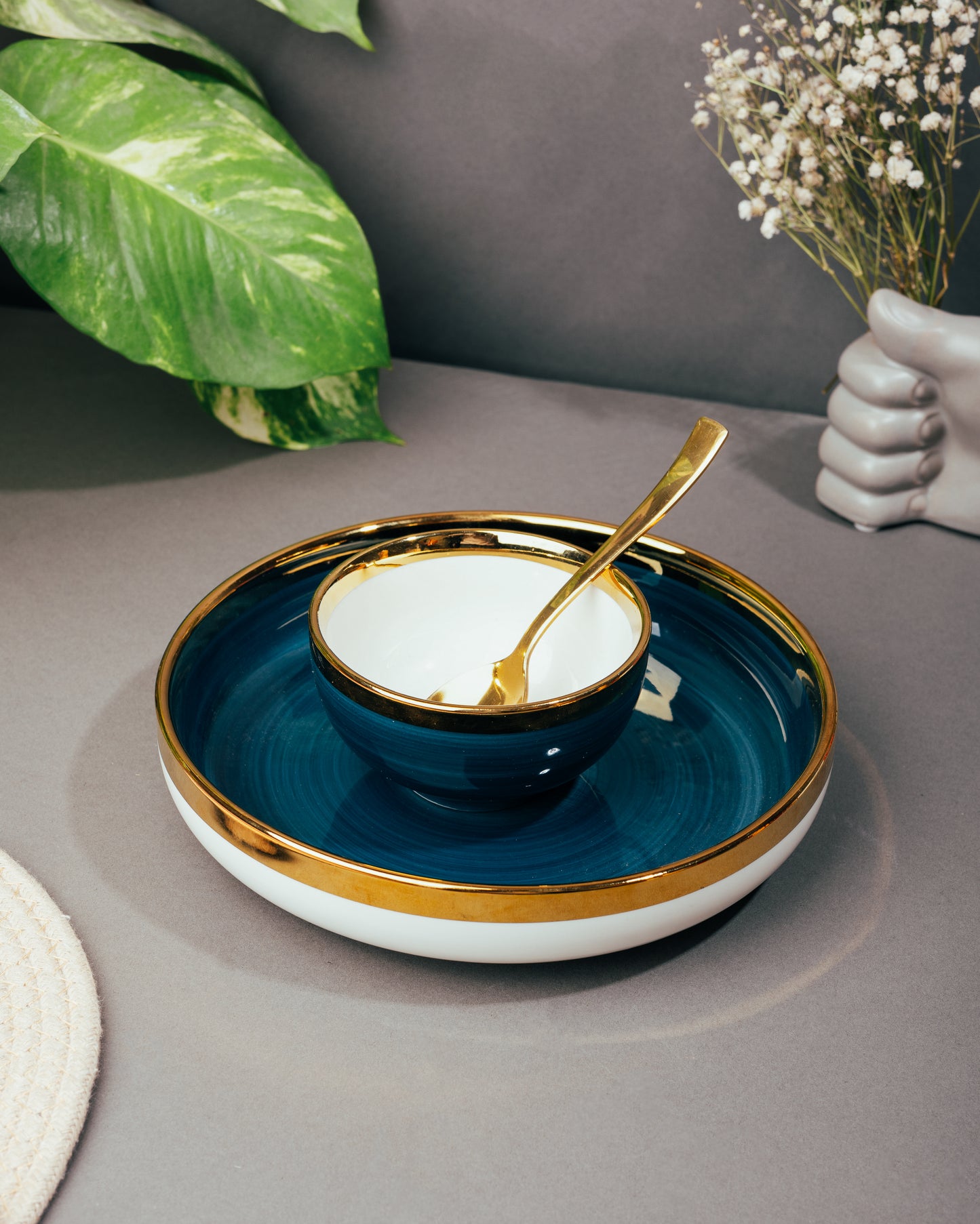 Navy and White Golden Rim Plate and Bowl Set