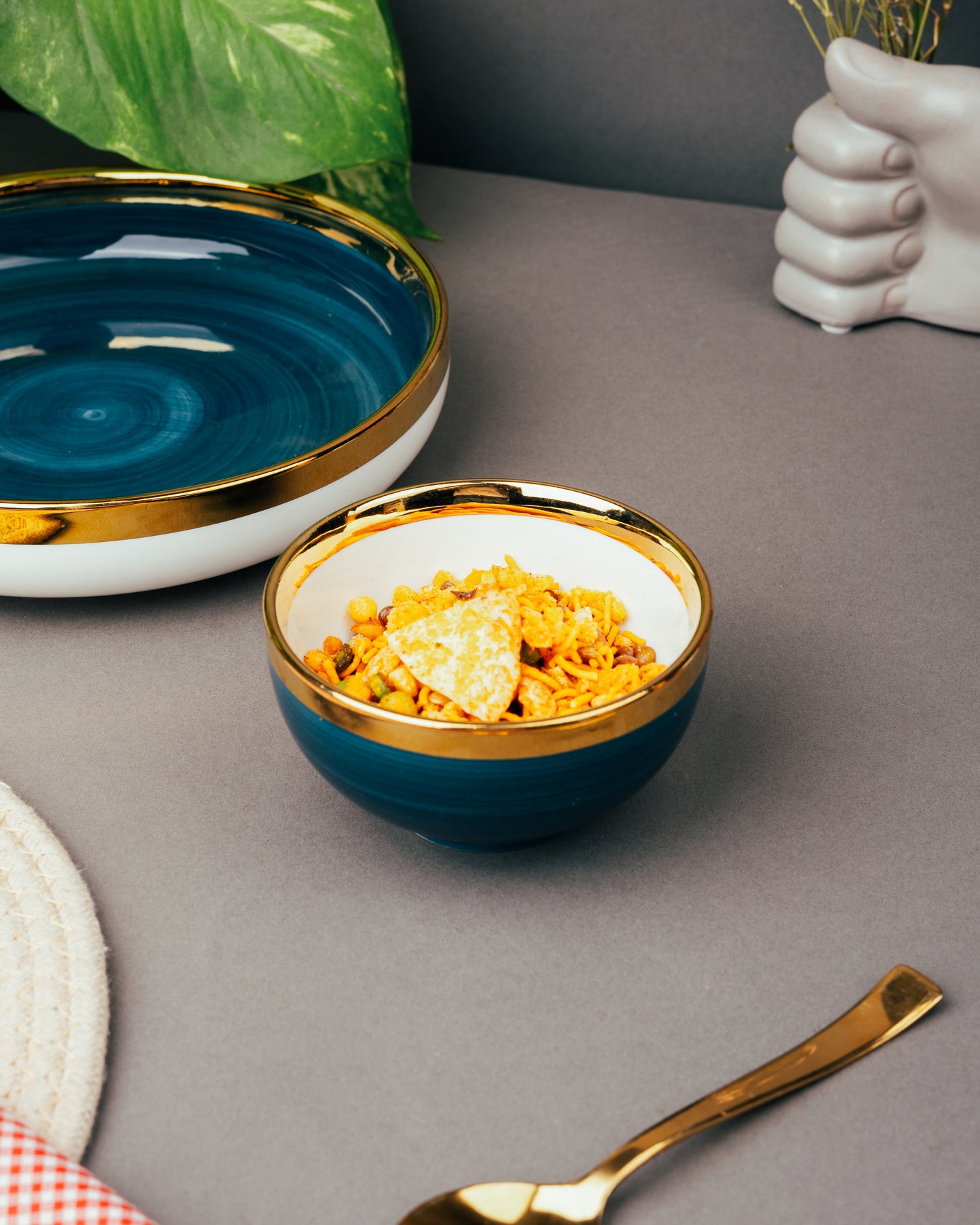 Navy and White Golden Rim Plate and Bowl Set