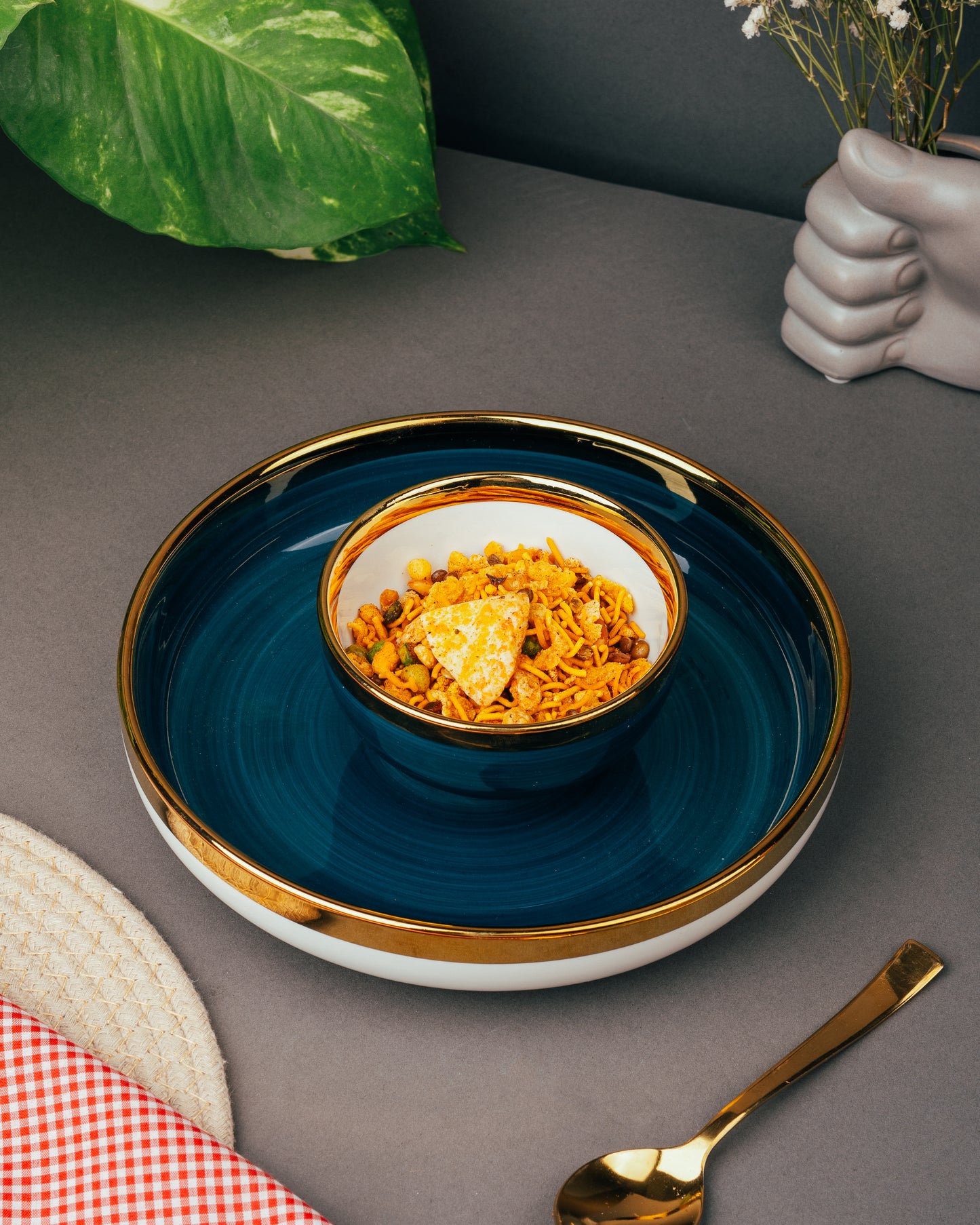 Navy and White Golden Rim Plate and Bowl Set