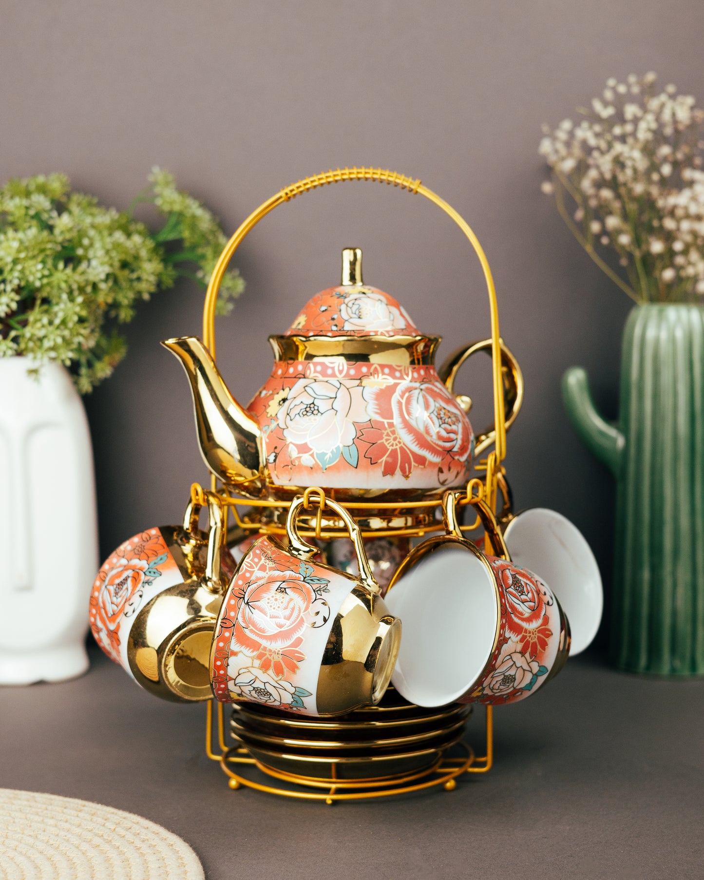 Vintage Floral Tea Set with Gold Accents