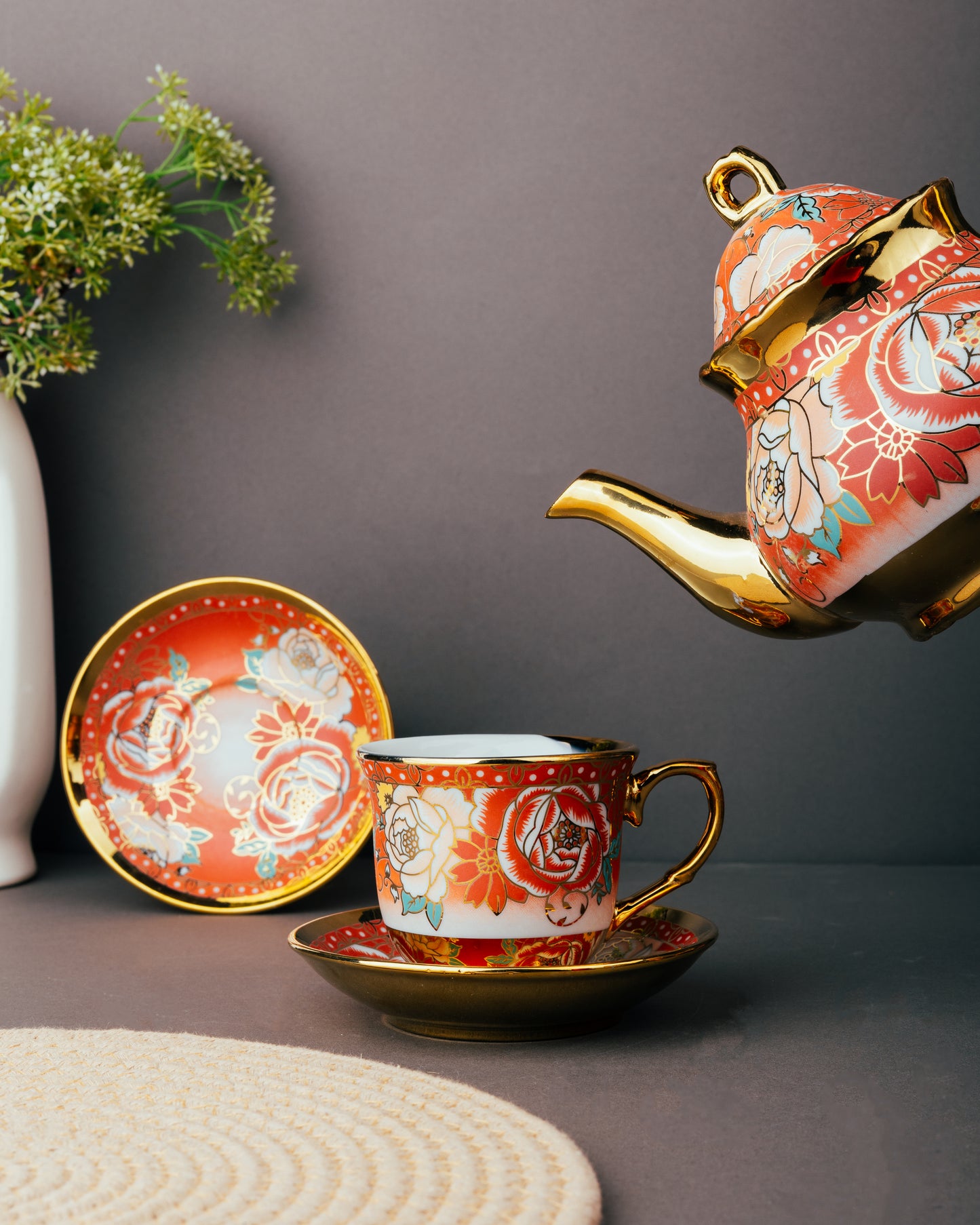 Vintage Floral Tea Set with Gold Accents