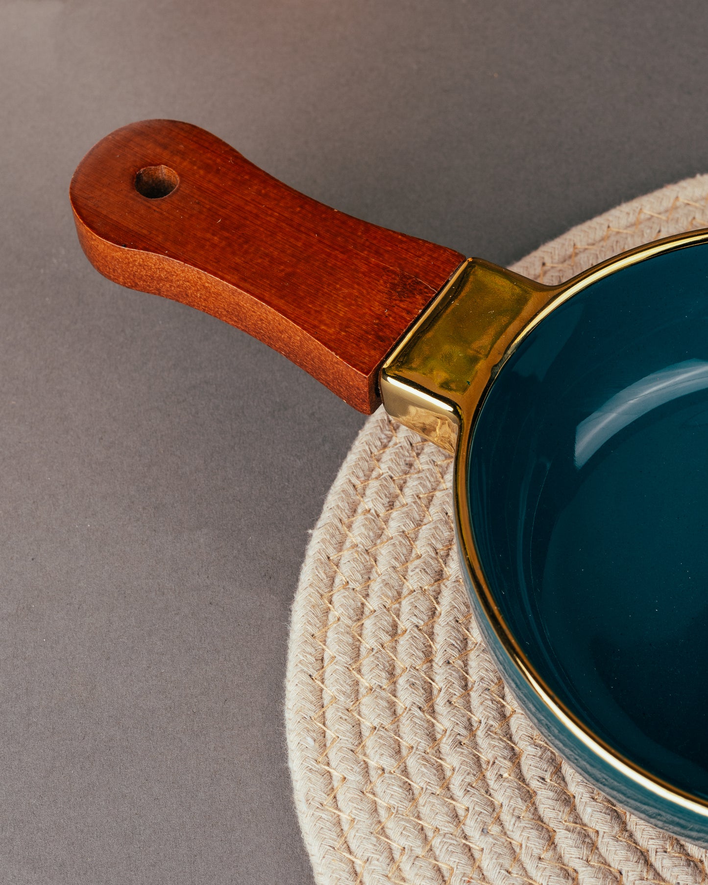 Blue Glaze Tri-Section Bowl with Wooden Handle