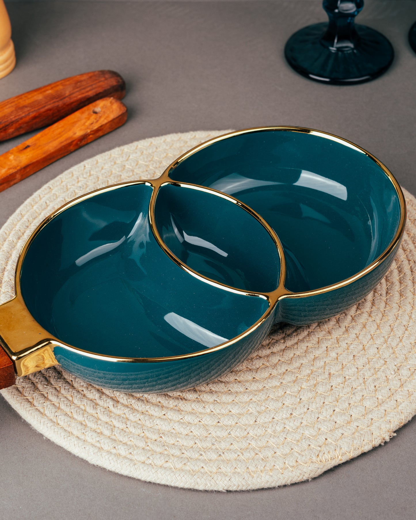 Blue Glaze Tri-Section Bowl with Wooden Handle