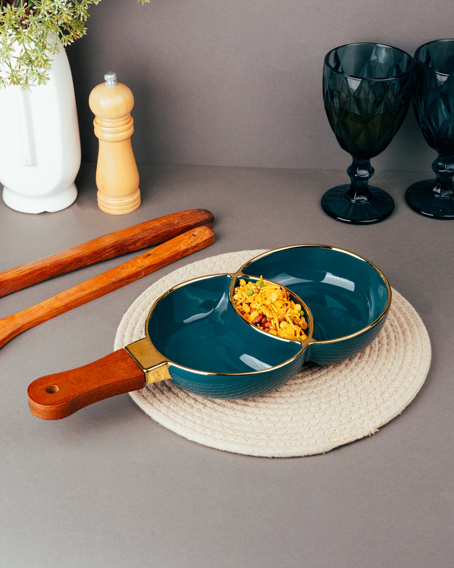 Blue Glaze Tri-Section Bowl with Wooden Handle